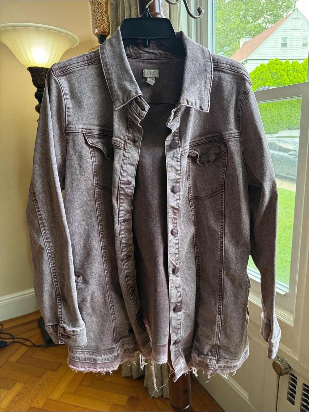 LOGO Lori Goldstein Washed Mauve Frayed Hem Denim Jacket - Size 16